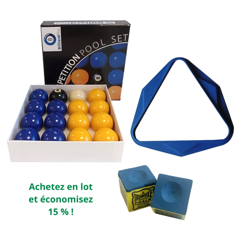 Lot Accessoires de billard comprenant : billes bleues et jaunes, triangle et craies - 993B