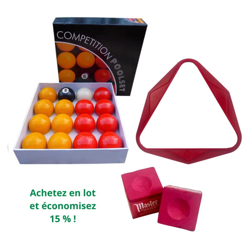 Lot Accessoires de billard comprenant : billes rouges et jaunes, triangle et craies - 993R