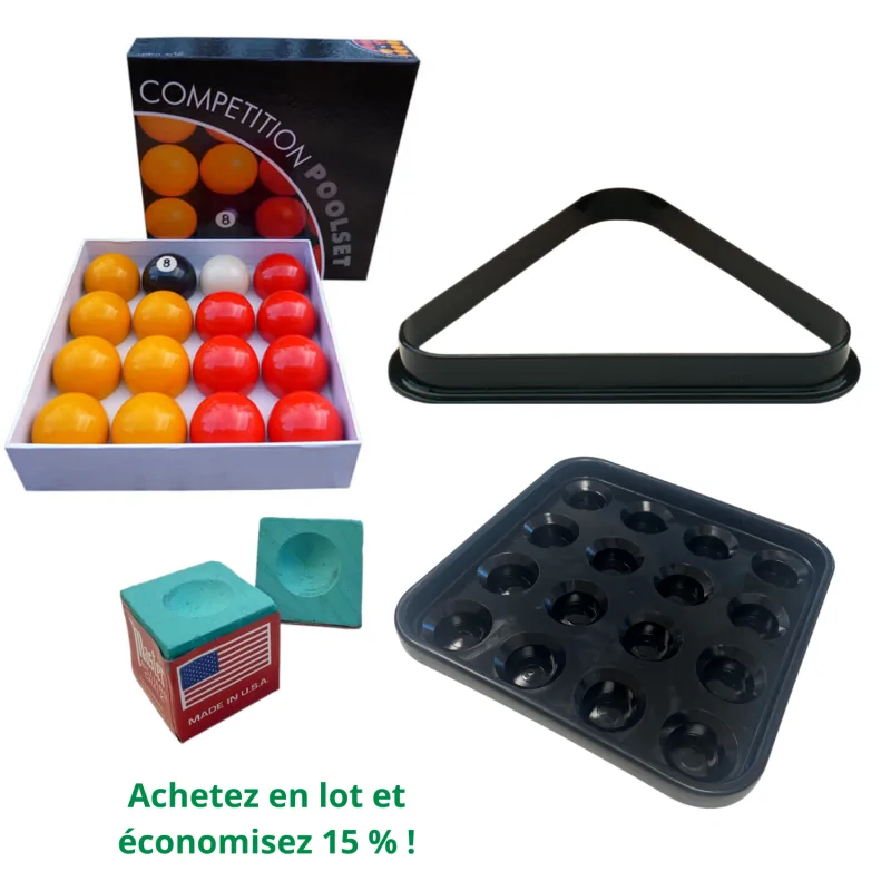 Lot Accessoires de billard comprenant : billes, triangle, plateau et craies - 993A